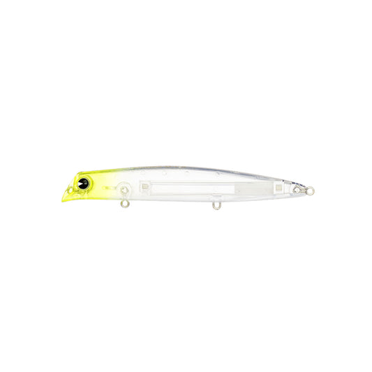 Señuelo IMA Komomo SF-125 en color marrón, detalle frontal del diseño natante para pesca de lubina